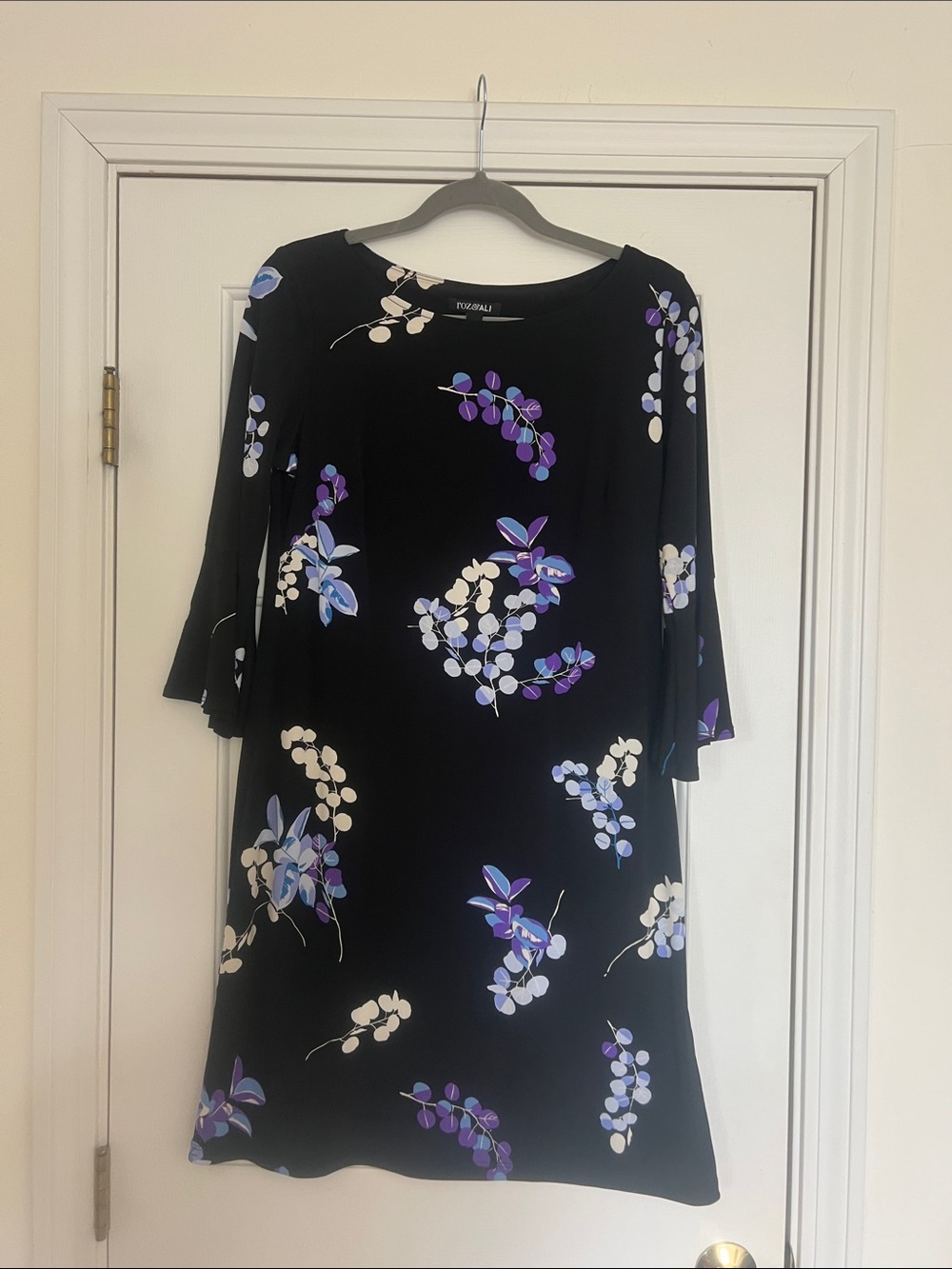 Roz & Ali Black Shift Dress with Purple and White Floral Print